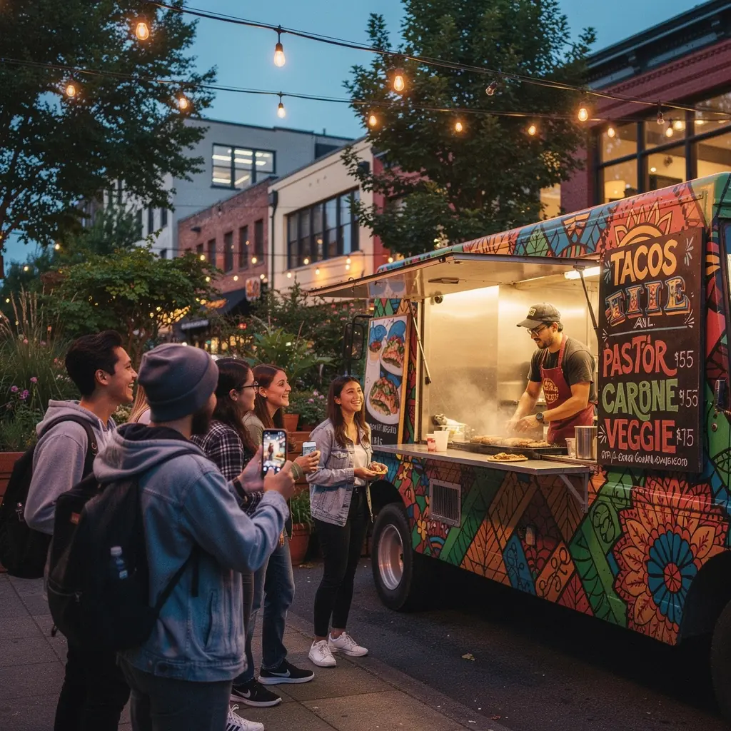 Turyści cieszący się wspólnym posiłkiem na tarasie z widokiem na rynek.